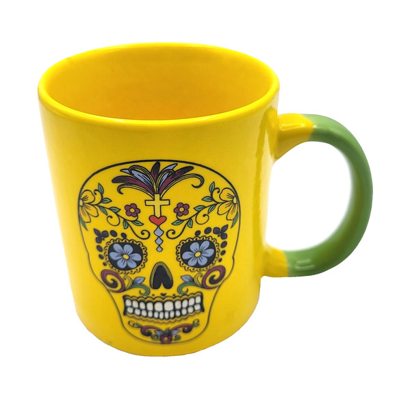 Sugar Skull Day of the Dead Ceramic Mug Bright Yellow 12 Ounce Capacity - Picture 1 of 8